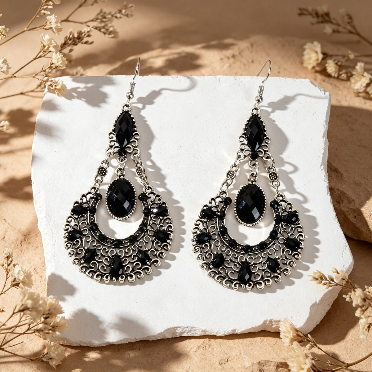Bohemian Tribal Ethnic Antique Silver Rhinestone Hollow Water Drop Chic Earrings