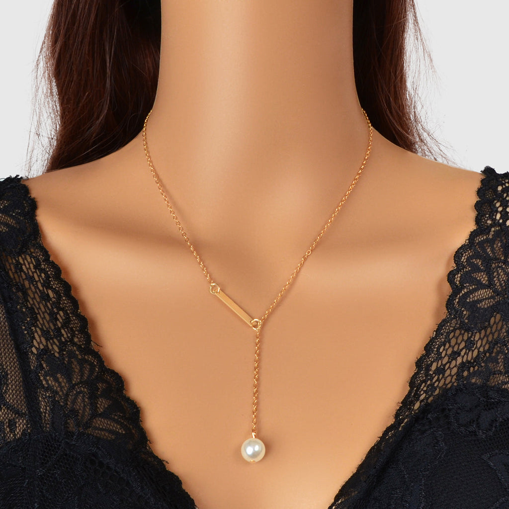 Designer Jewelry Gold Chain Geometric Bar Lariat Y-Shaped Pearl Pendant Necklace