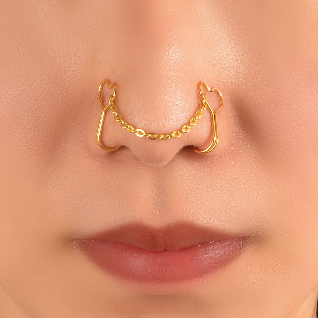 1pc Faux Lip Ear Nose Gold Silver Heart Chain Non Piercing Clip On Nose Ring