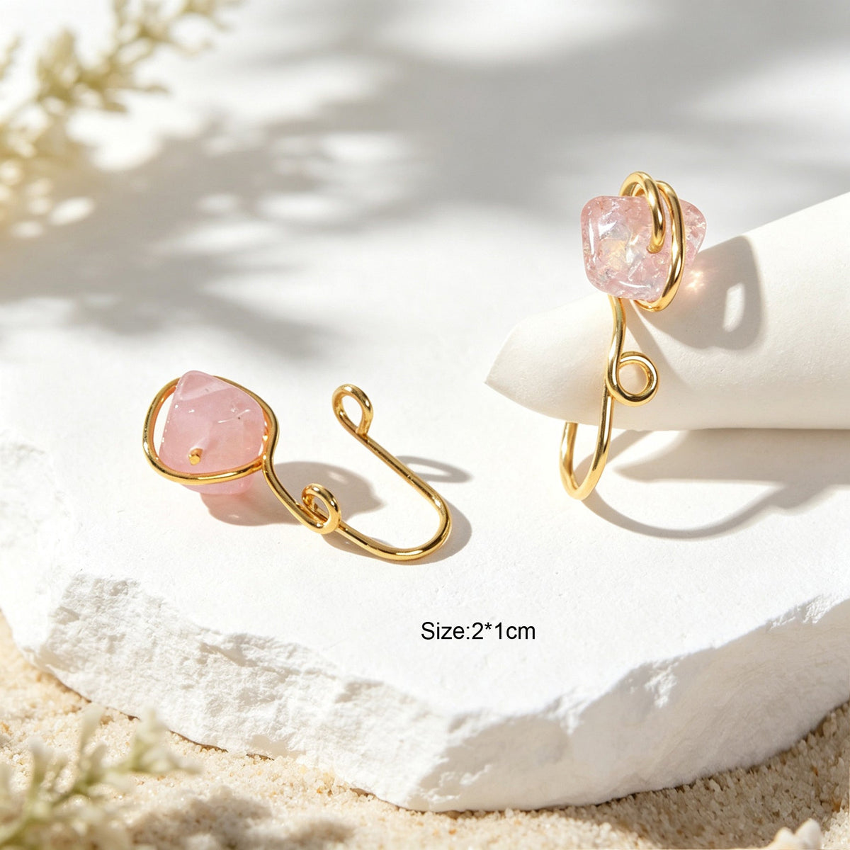 2pcs Boho Pink Stone Clip‑On Ear Cuffs Gold No Piercing Earrings Simple Jewelry