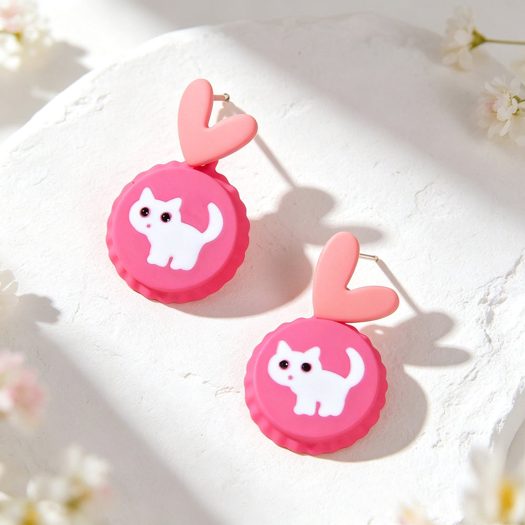 Cute Hotpink Heart Cartoon White Cat Drop Earrings Sweet Lovely Jewellery Gift