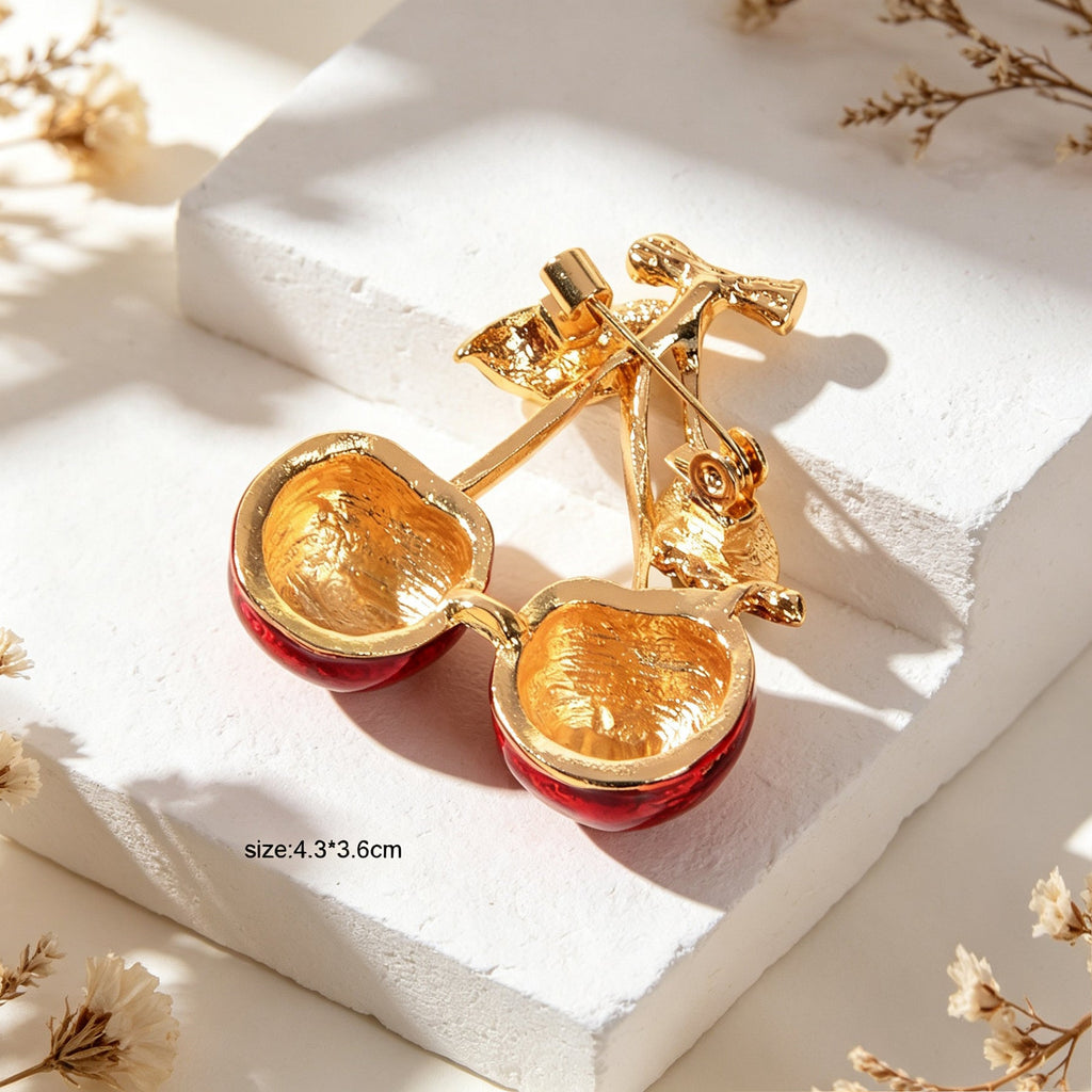 Cute Cherry Enamel Brooch Metal Fruit Lapel Pin Pretty Jacket Shawl Accessories