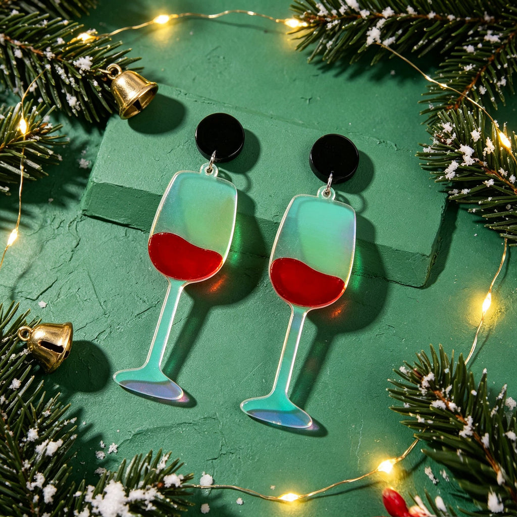 Unique Wine Glass Christmas Dangle Earrings Personality Fun Xmas Party Jewellery