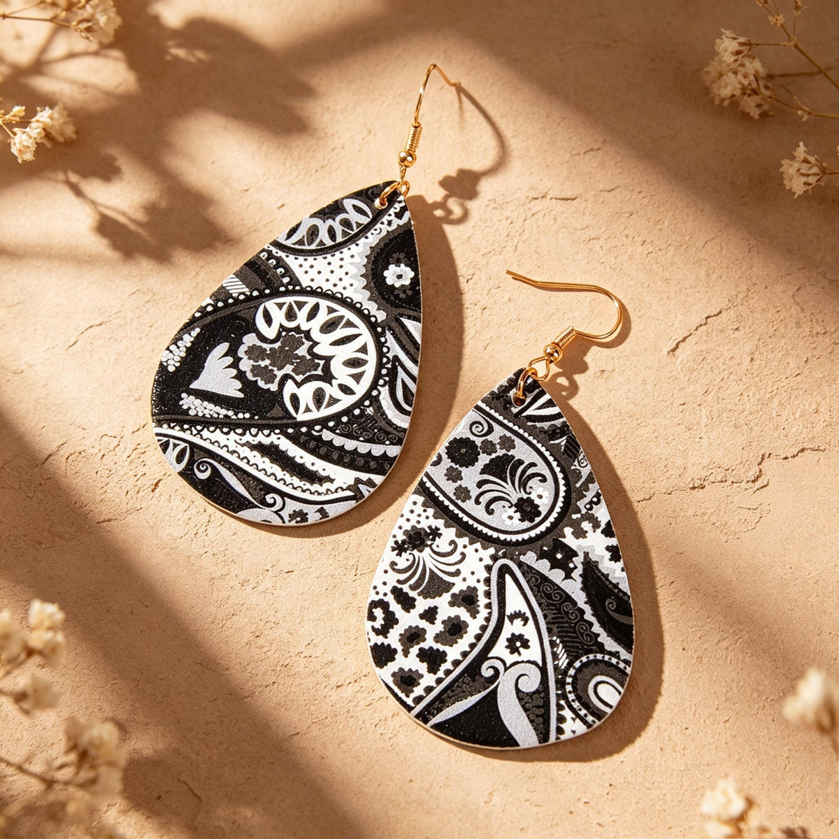 Ethnic Jewellery White Black Geometric Pu Leather Water Drop Dangle Earrings