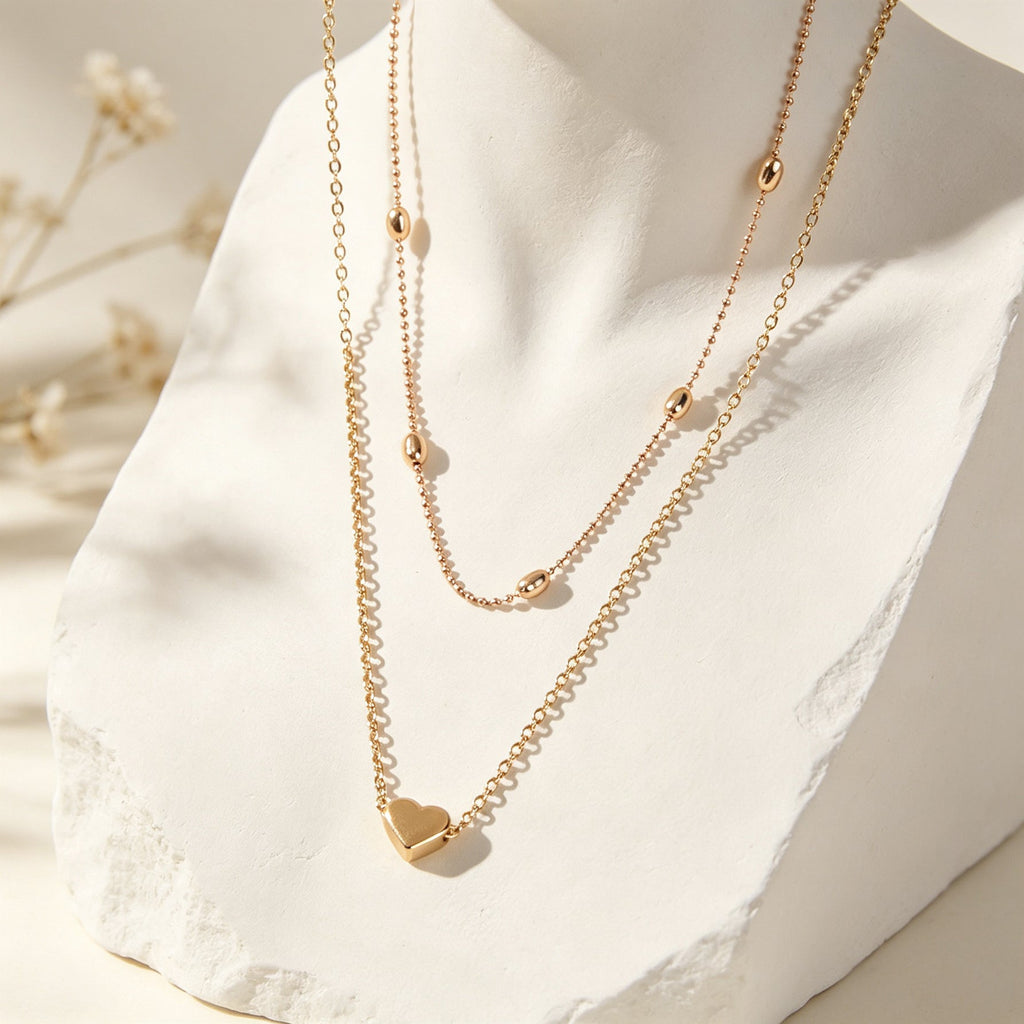 2 pcs Double layered Chain Heart Charm Necklace Fashion Women Gift Jewellery