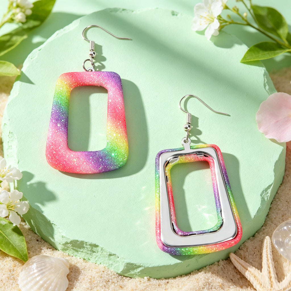 Bright Multicolor Irregular Square Geometric PU Leather Dangle Earrings Beach Vacation Rave Accessories