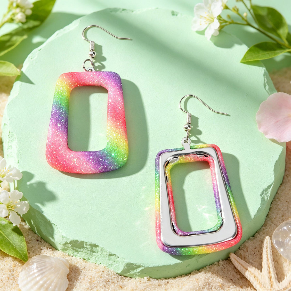 Bright Multicolor Irregular Square Geometric PU Leather Dangle Earrings Beach Vacation Rave Accessories