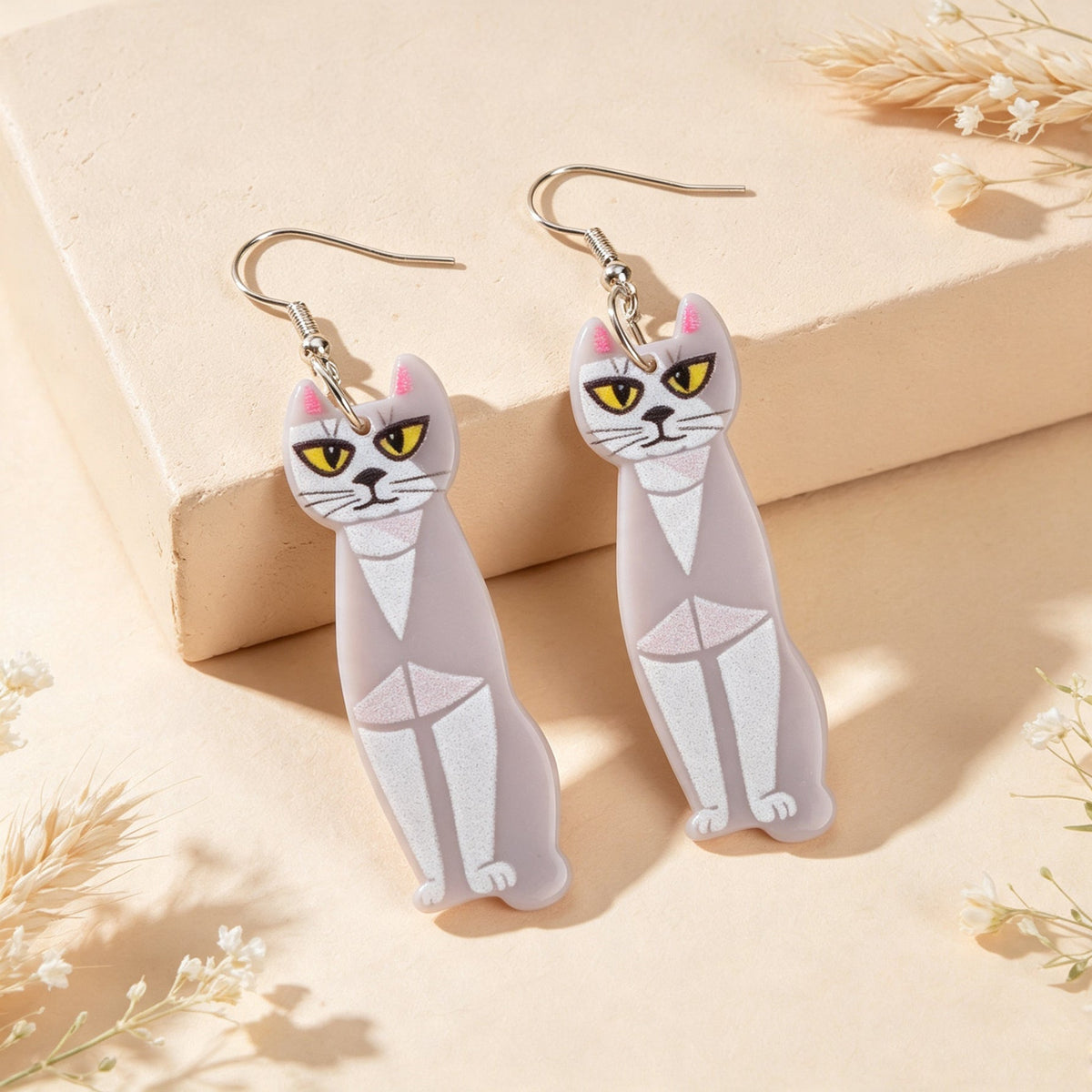 Fun Grey Long Cat  Acrylic Dangle Earrings Cute Pet Animal Element Accessories