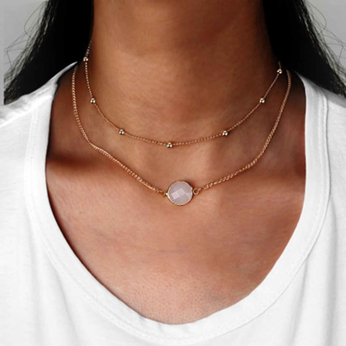Boho Chic Double layer Gold Chain Round Charm Necklace Fashion Women Accessories