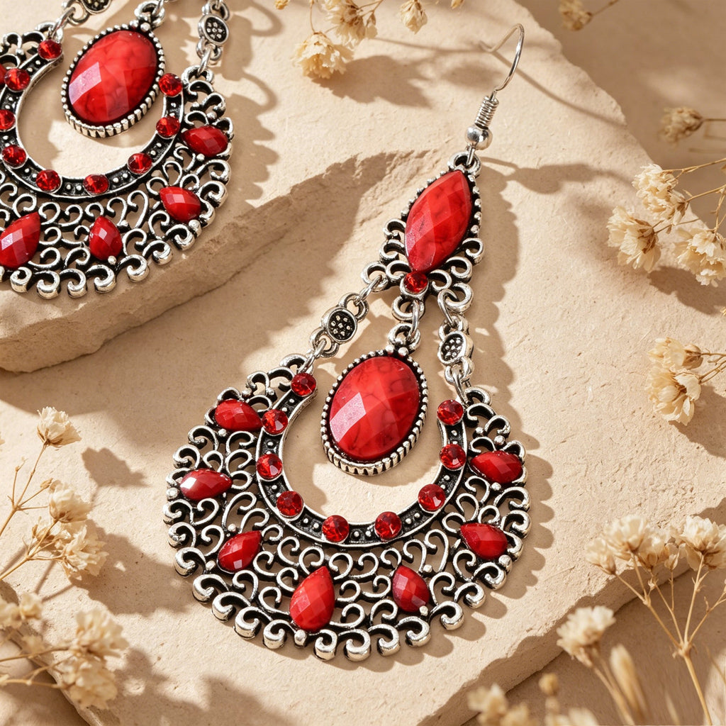 Bohemian Tribal Ethnic Antique Silver Rhinestone Hollow Water Drop Chic Earrings