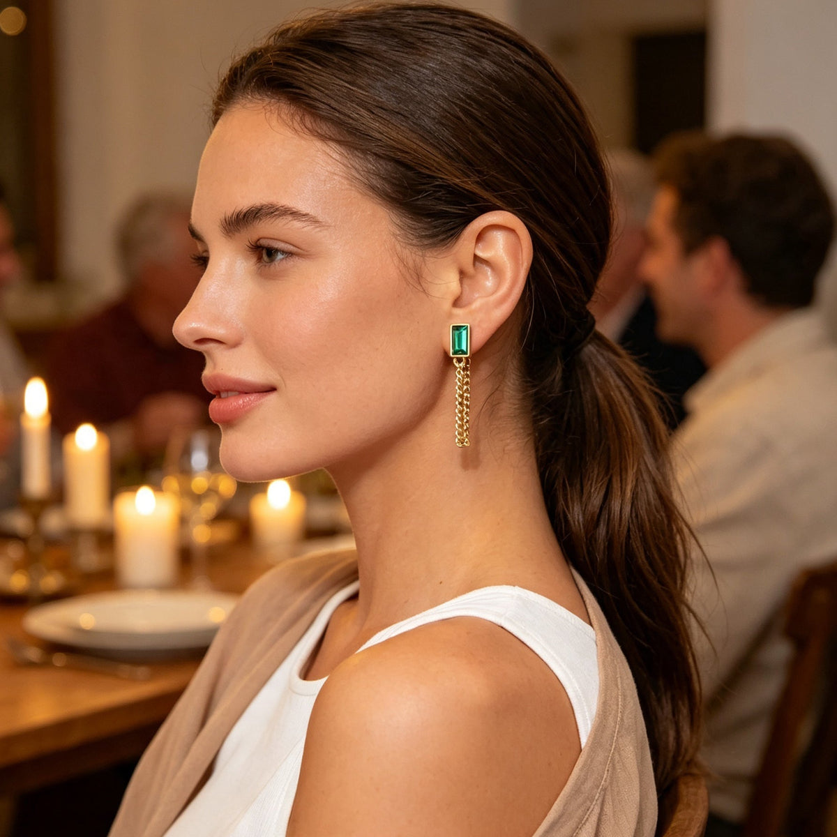 Vintage Green Rectangular Gold Tassel Chain Earrings Elegant Banquet Evening Gathering Accessories