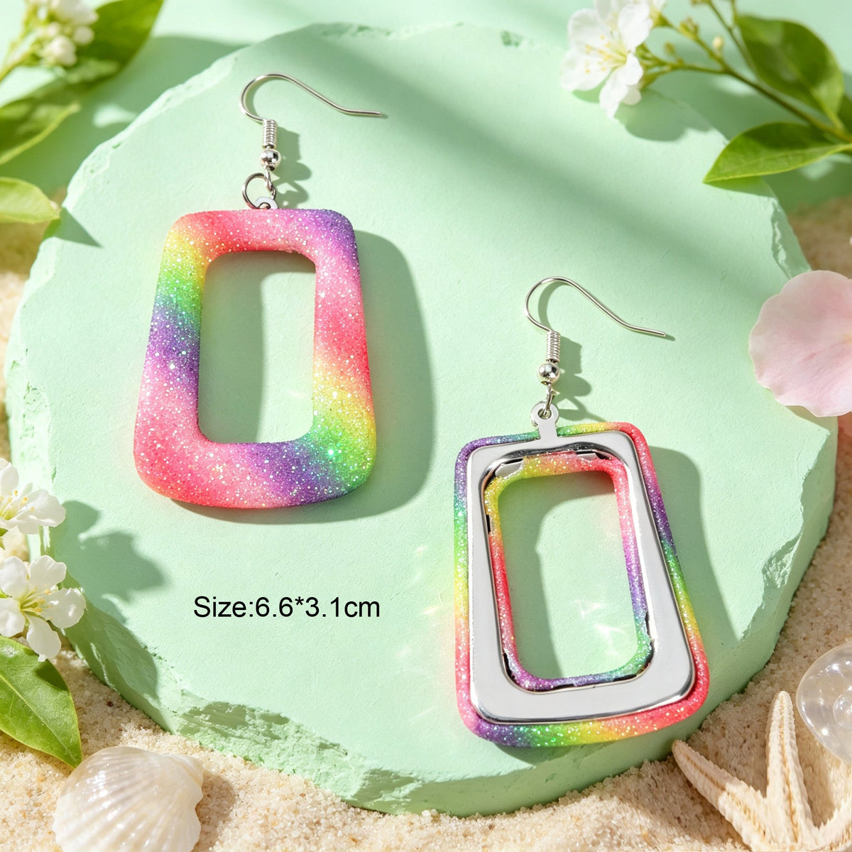 Bright Multicolor Irregular Square Geometric PU Leather Dangle Earrings Beach Vacation Rave Accessories