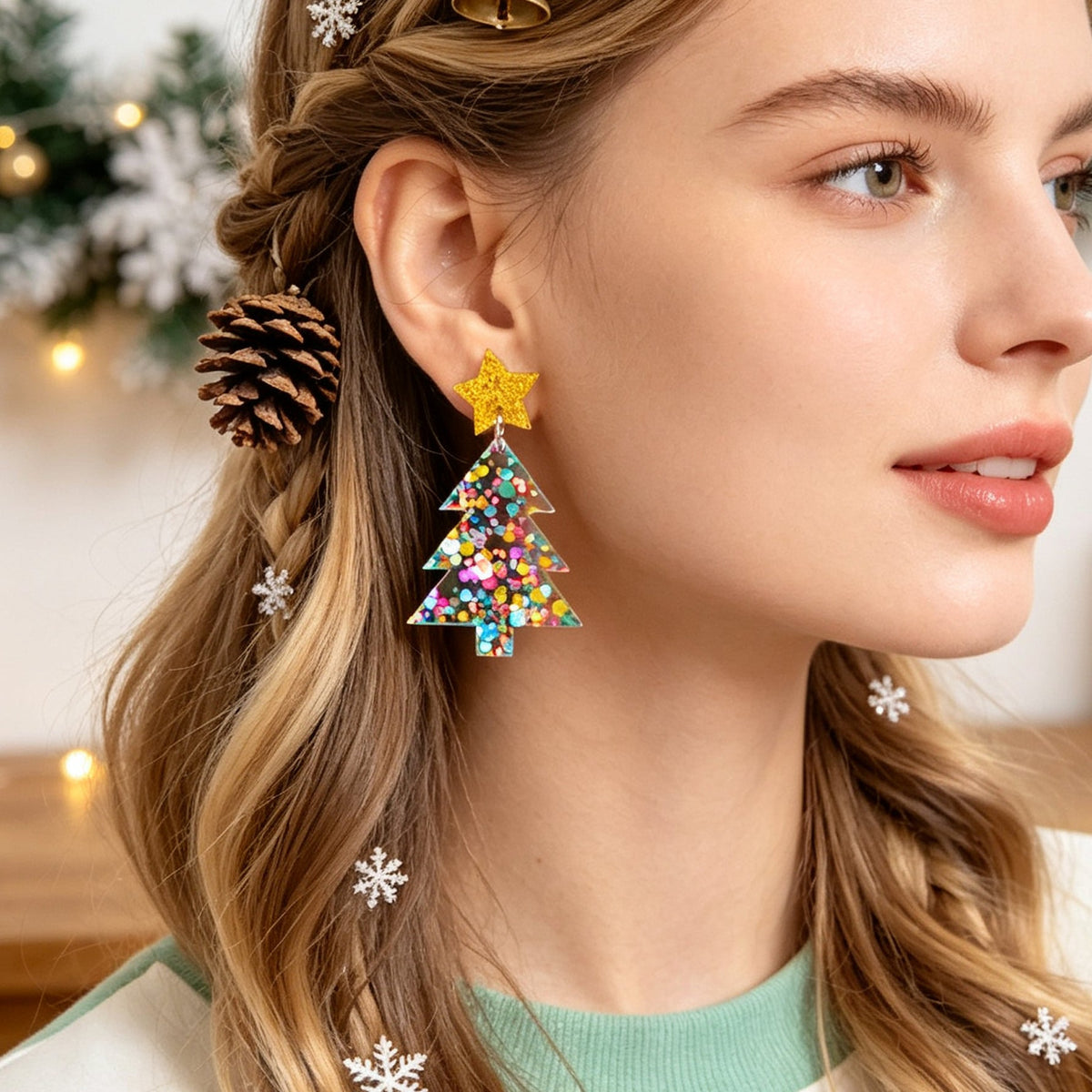 Christmas tree star drop earrings with colorful dot details, worn on model
