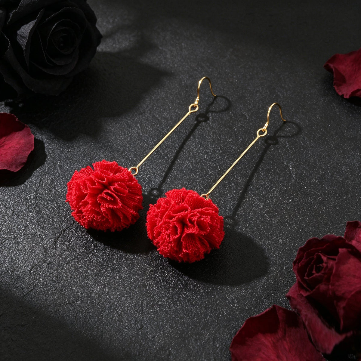 Red Flower Ball Drop Dangle Earrings Beautiful Women Girls Accessories Jewellery