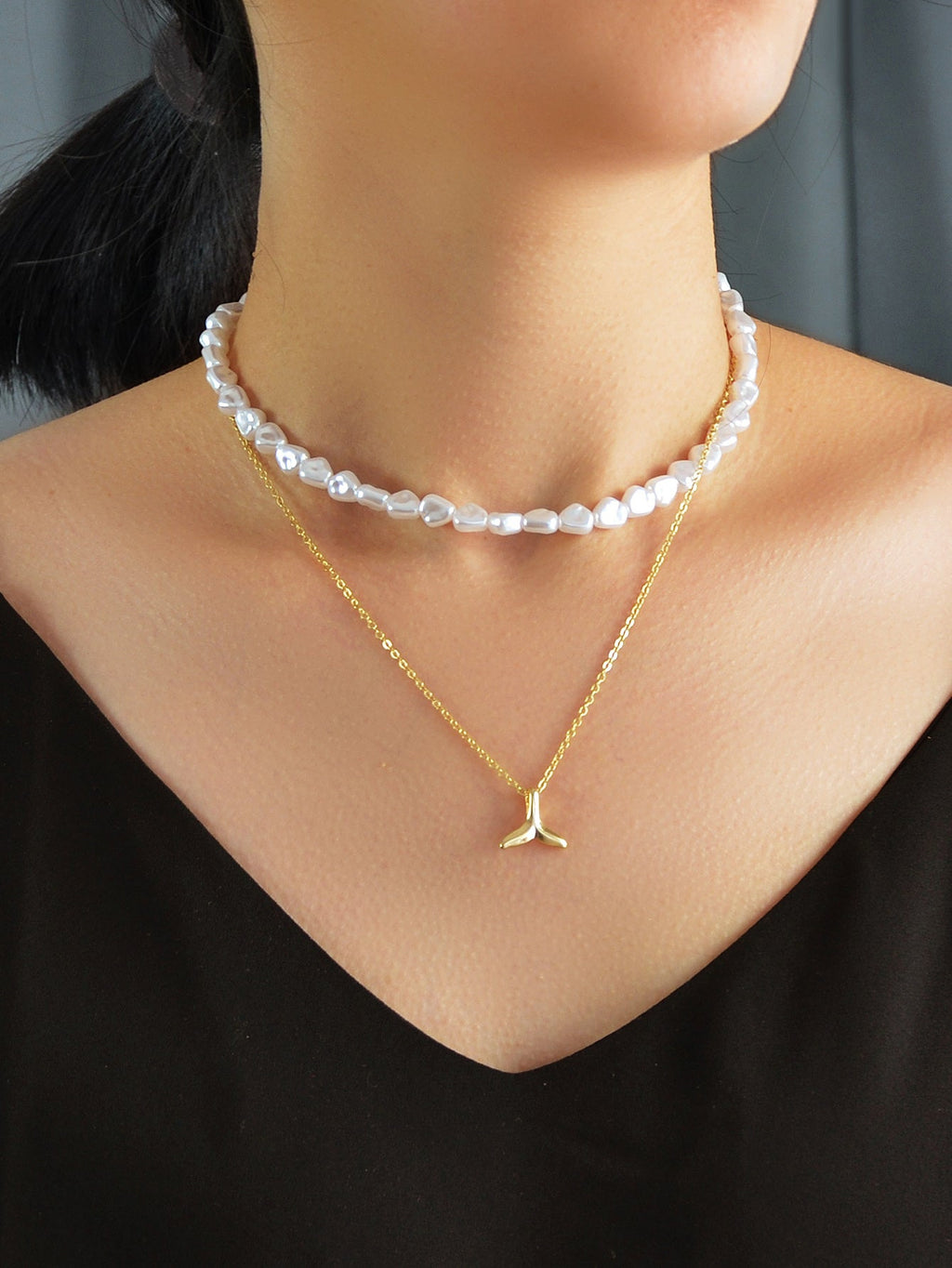 Textured Accessories Double layer Chain Pearl Choker Fish Tail Pendant Necklace