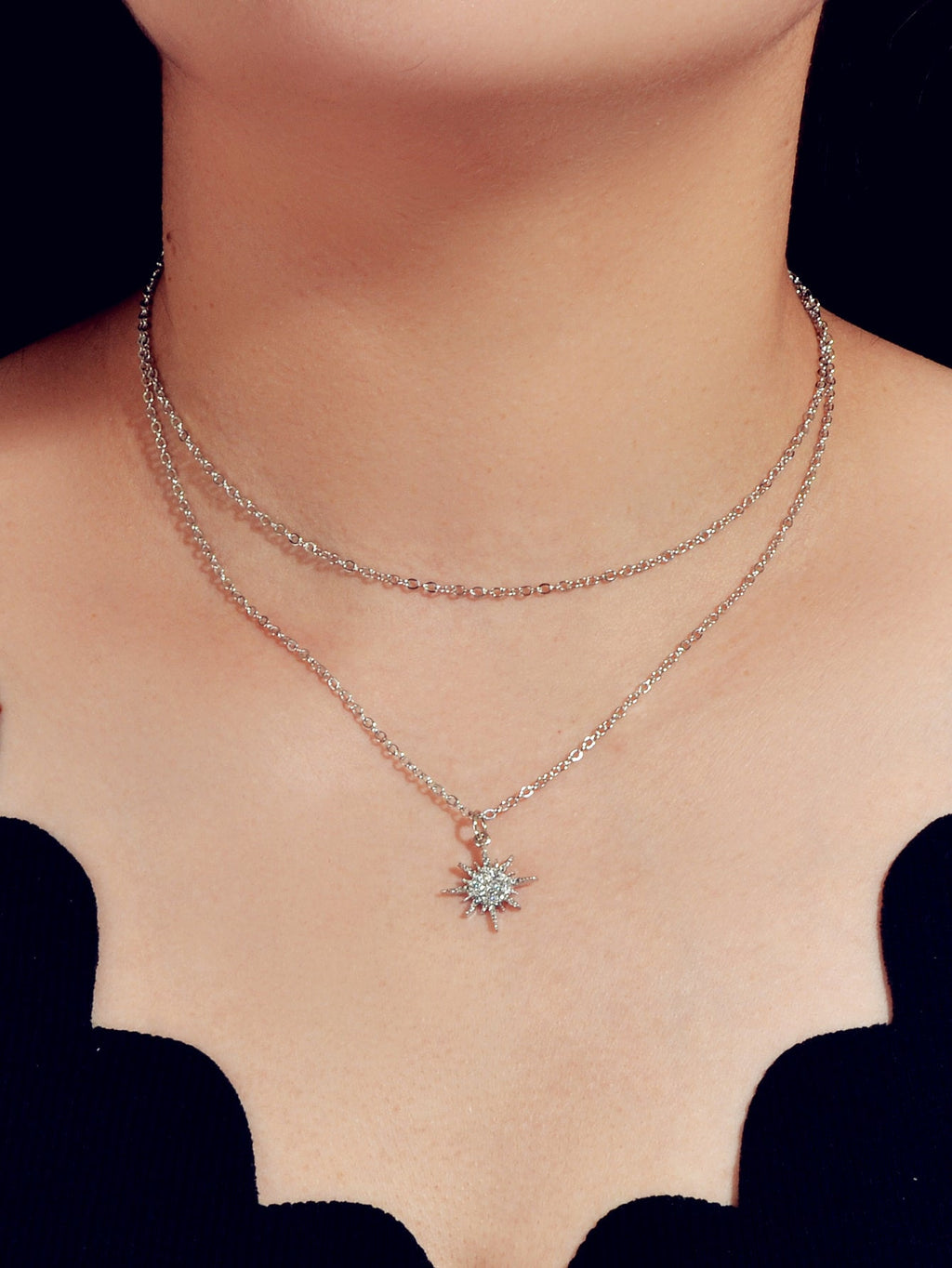 Trendy Jewellery Double layer Silver Chain Rhinestone Decor Star Charm Necklace