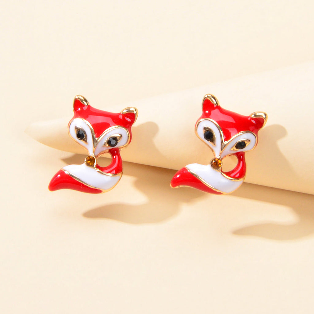 Red and white fox enamel stud earrings with gold-tone posts