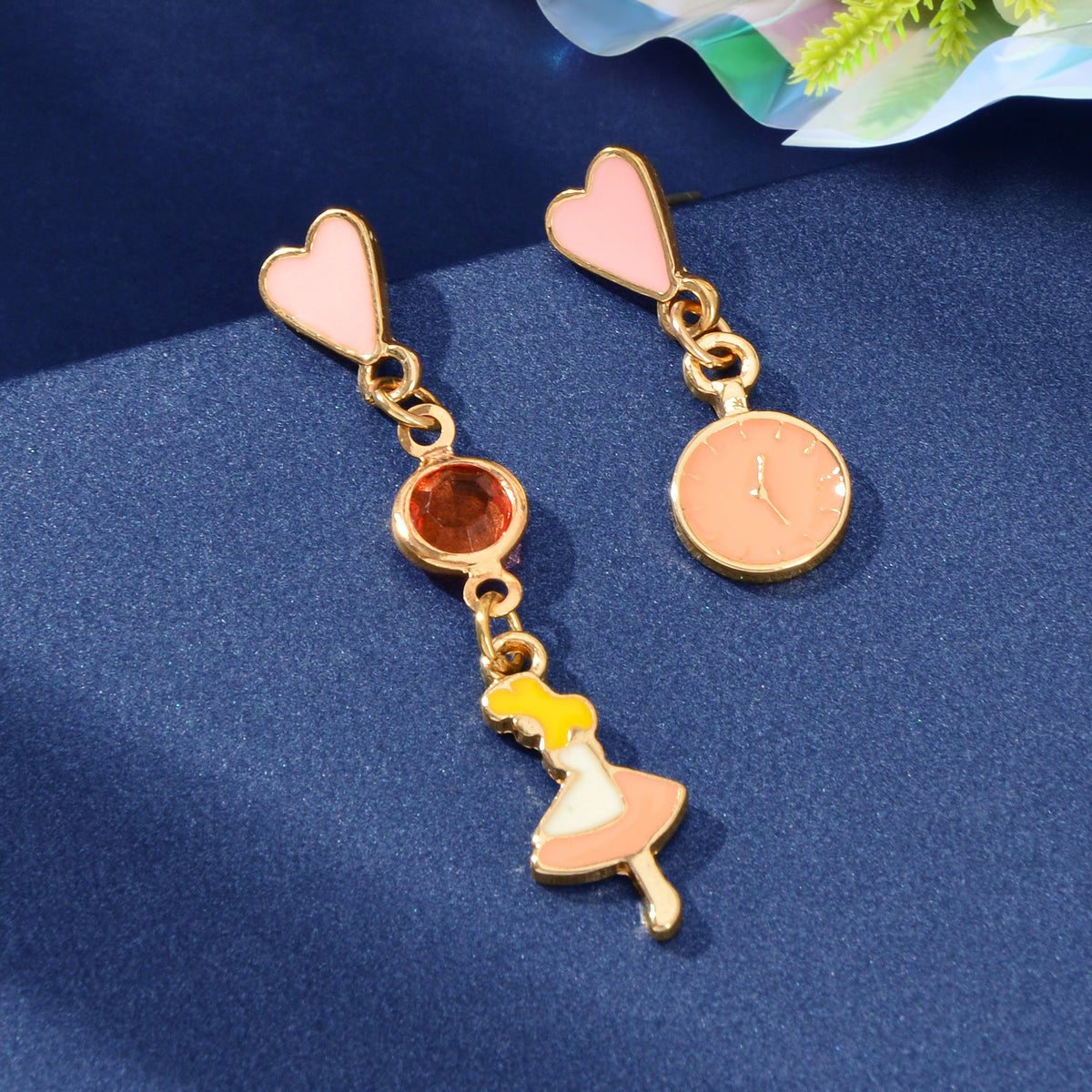 Cartoon Pink Heart Clock Dancer Asymmetric Drop Earrings Women Girls Dainty Gift