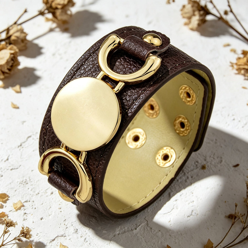 PU Leather Adjustable Wide Bracelet Punk Metal Round Geometric Wrist Accessories