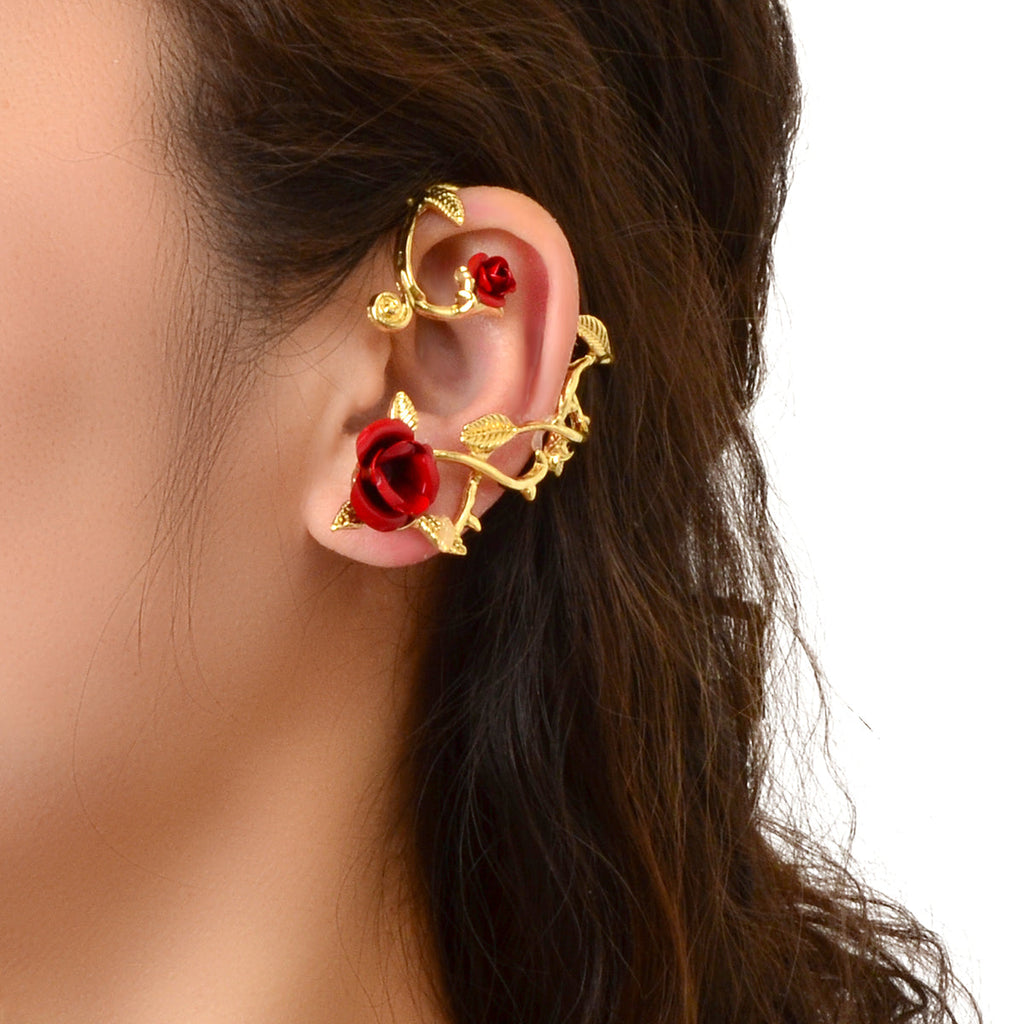 Gold-tone rose ear climber cuff with red flower and leaf accents