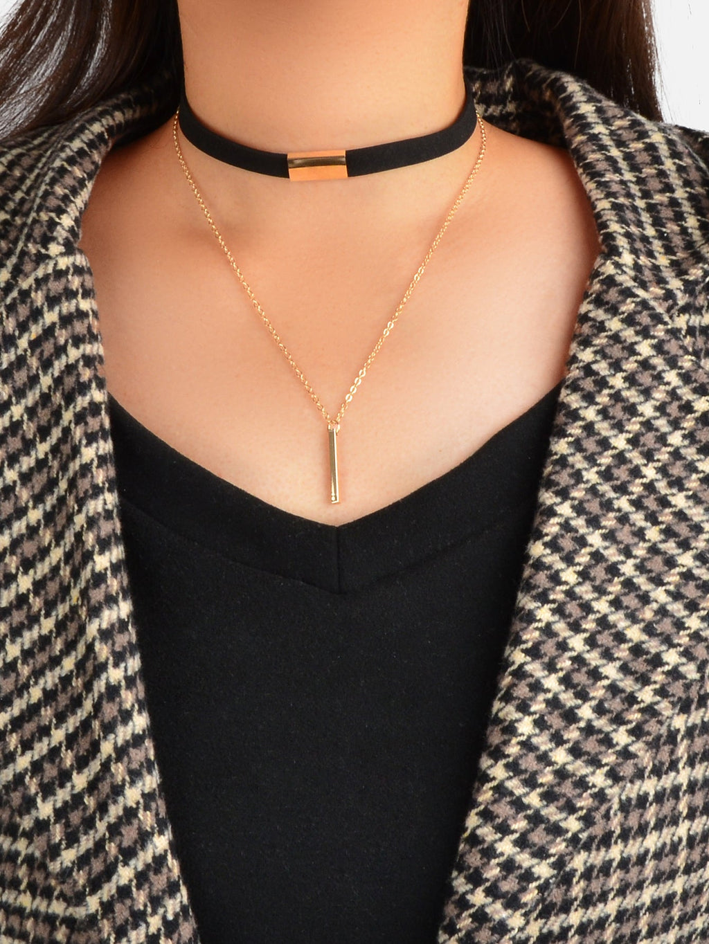 Punk Black Choker Double layer Gold Chain Geometric Charm Necklace Tattoo Choker