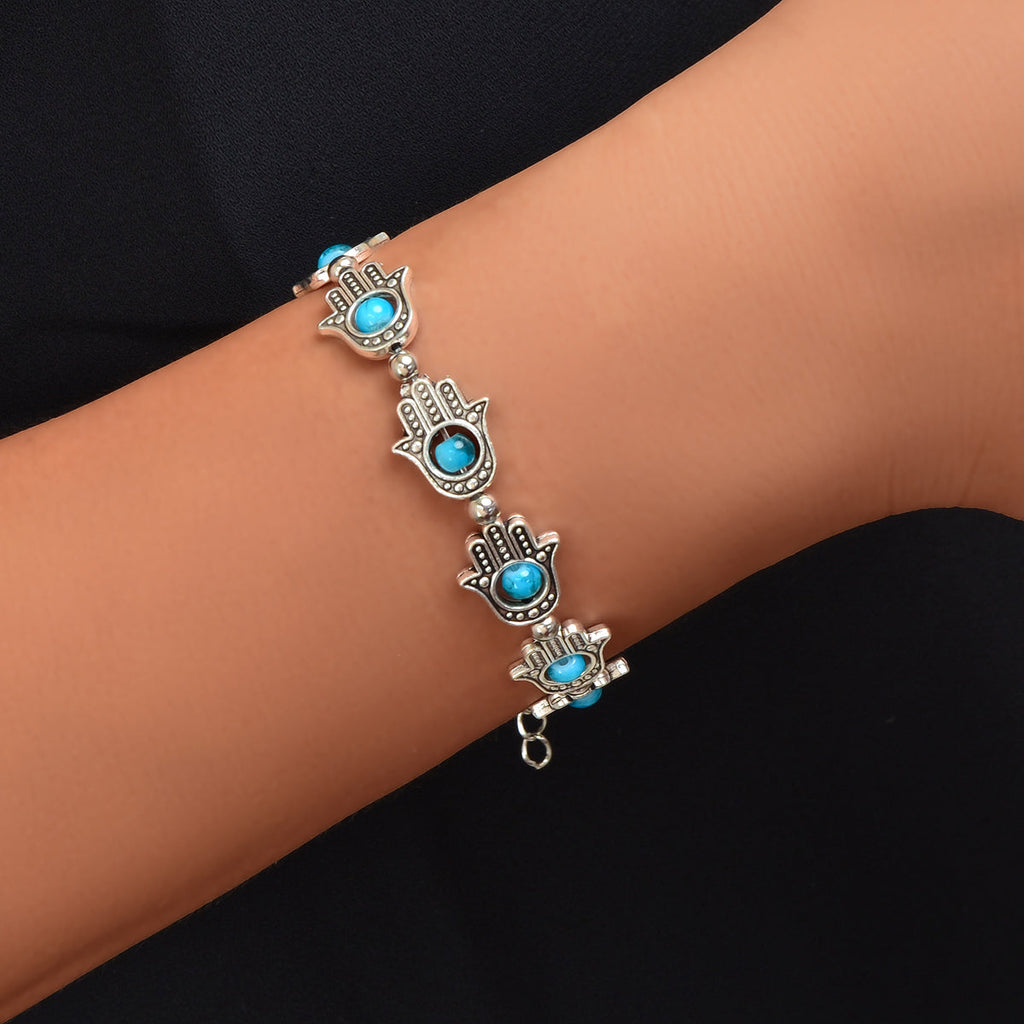 Ethnic Jewellery Vintage Handmade Blue Red Beaded Antique Silver Hand Bracelet