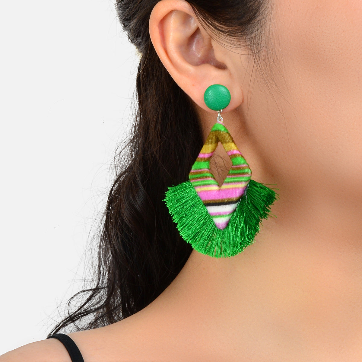 Bohemian Geometric Green Tassel Fringe Dangle Earrings Handmade Ethnic Jewellery