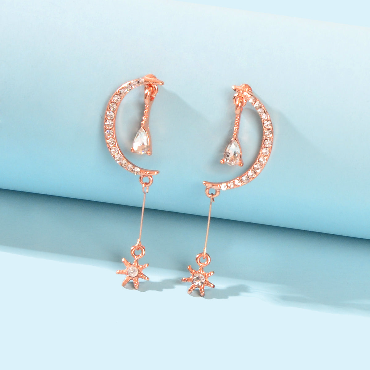 Wedding Rosegold Rhinestone Moon Dangle Drop Chandelier Teardrop Bridal Earrings