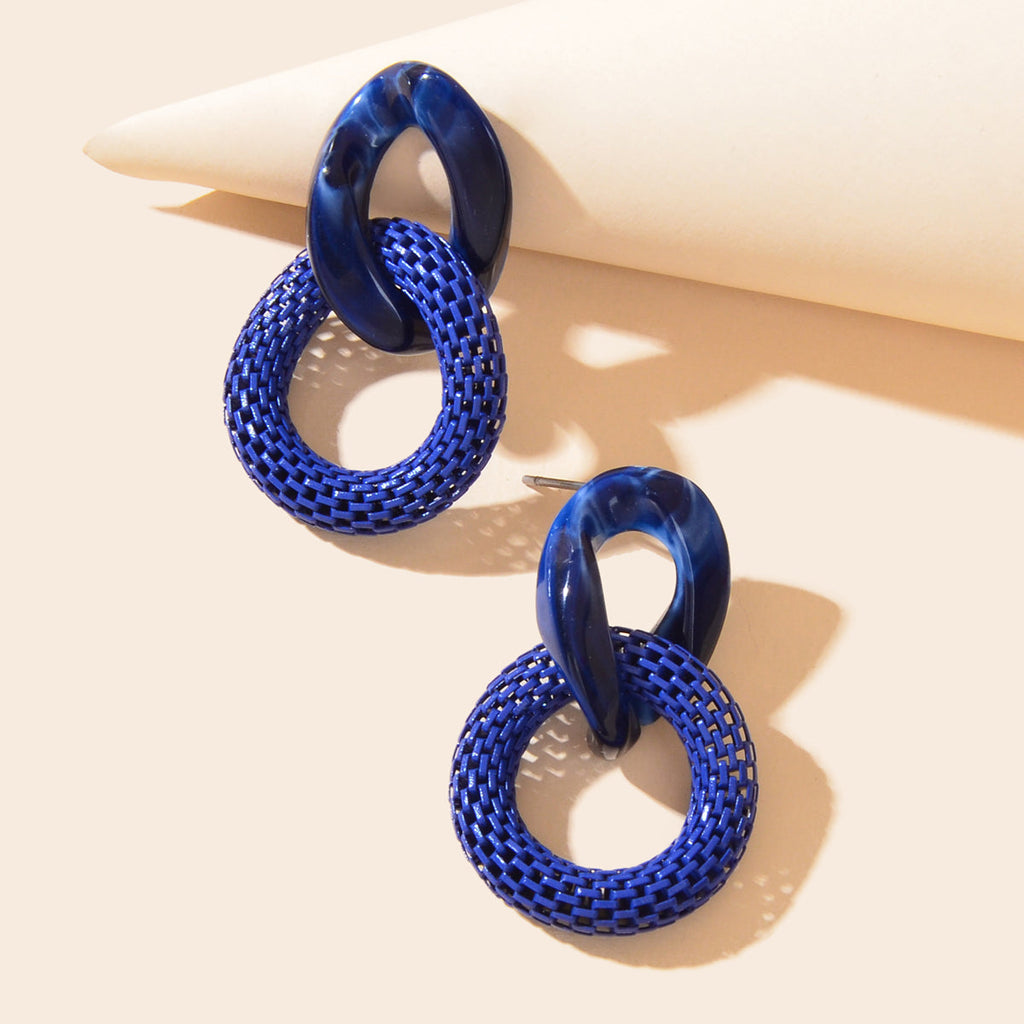 Blue resin hoop and textured chain-link drop earrings, pair of oval rings