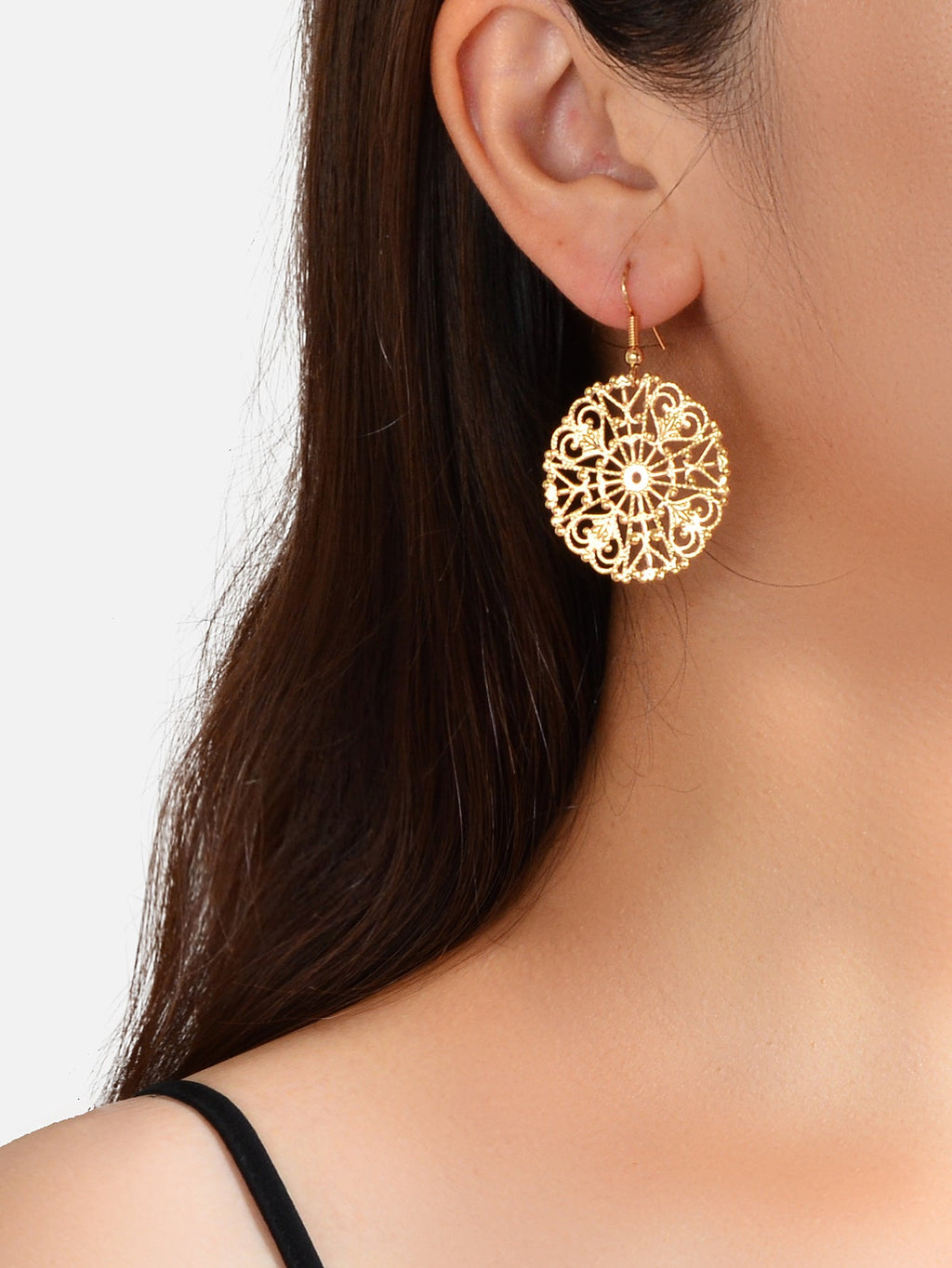 Ladies Jewellery Hollow Gold Silver Flower Pattern Round Trendy Dangle Earrings