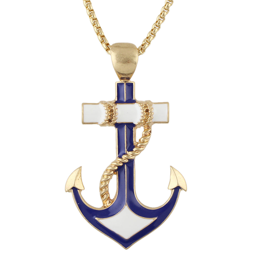 Nautical Jewelry Long Chain White Blue Anchor Pendant Necklace Ocean Accessories