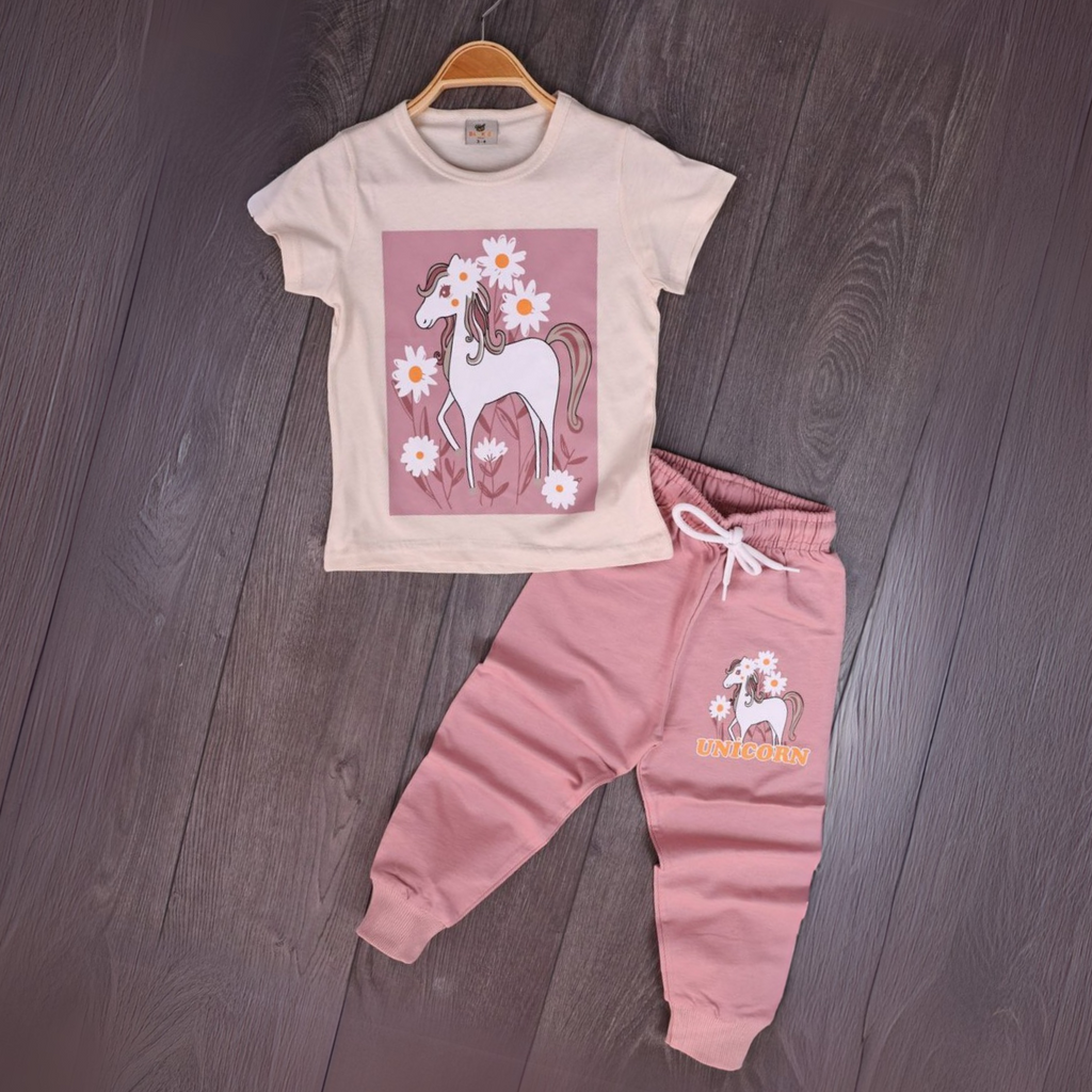 Unicorn Magic joggers set with white T-shirt and pink joggers, unicorn and flower print