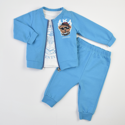 Blue cotton joggers set: zip hoodie jacket and cuffed jogger pants, dog graphic