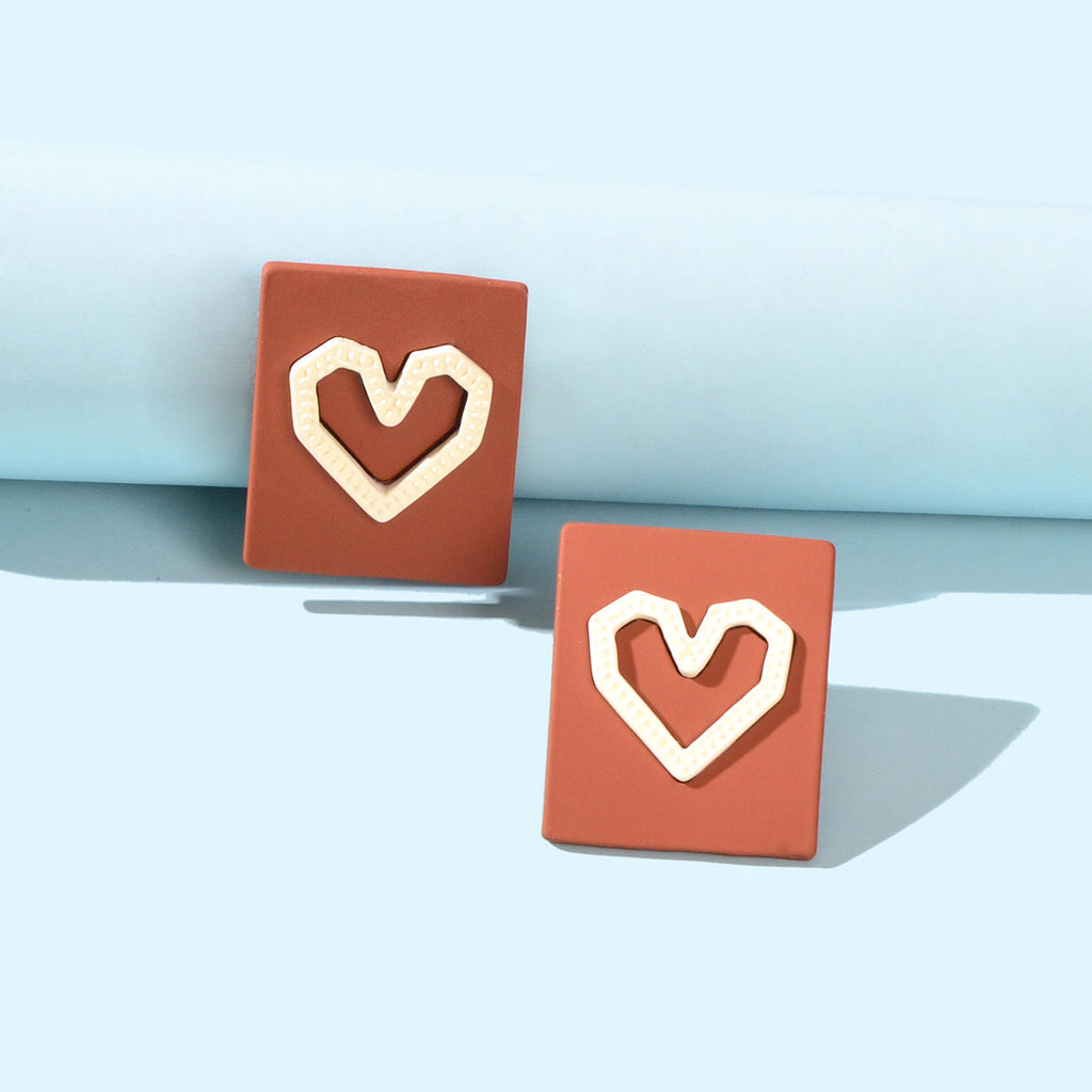Girlfriend Gift Jewellery Love Heart Brown Square Stud Hypoallergenic Earrings