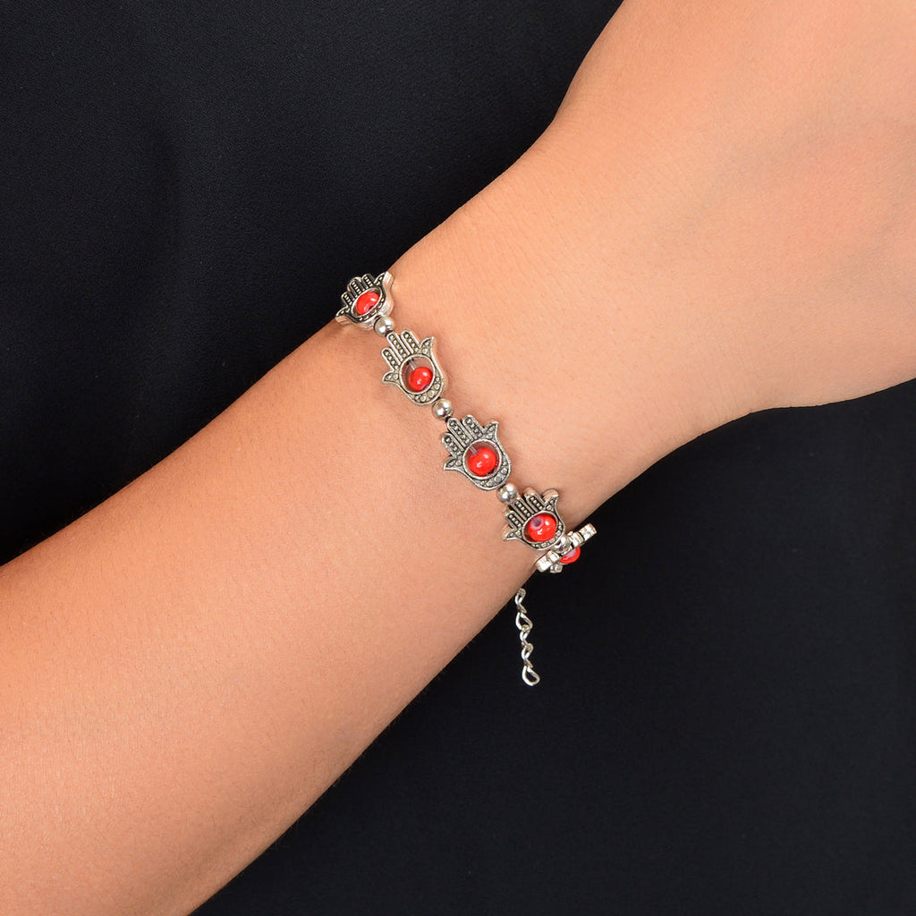 Ethnic Jewellery Vintage Handmade Blue Red Beaded Antique Silver Hand Bracelet
