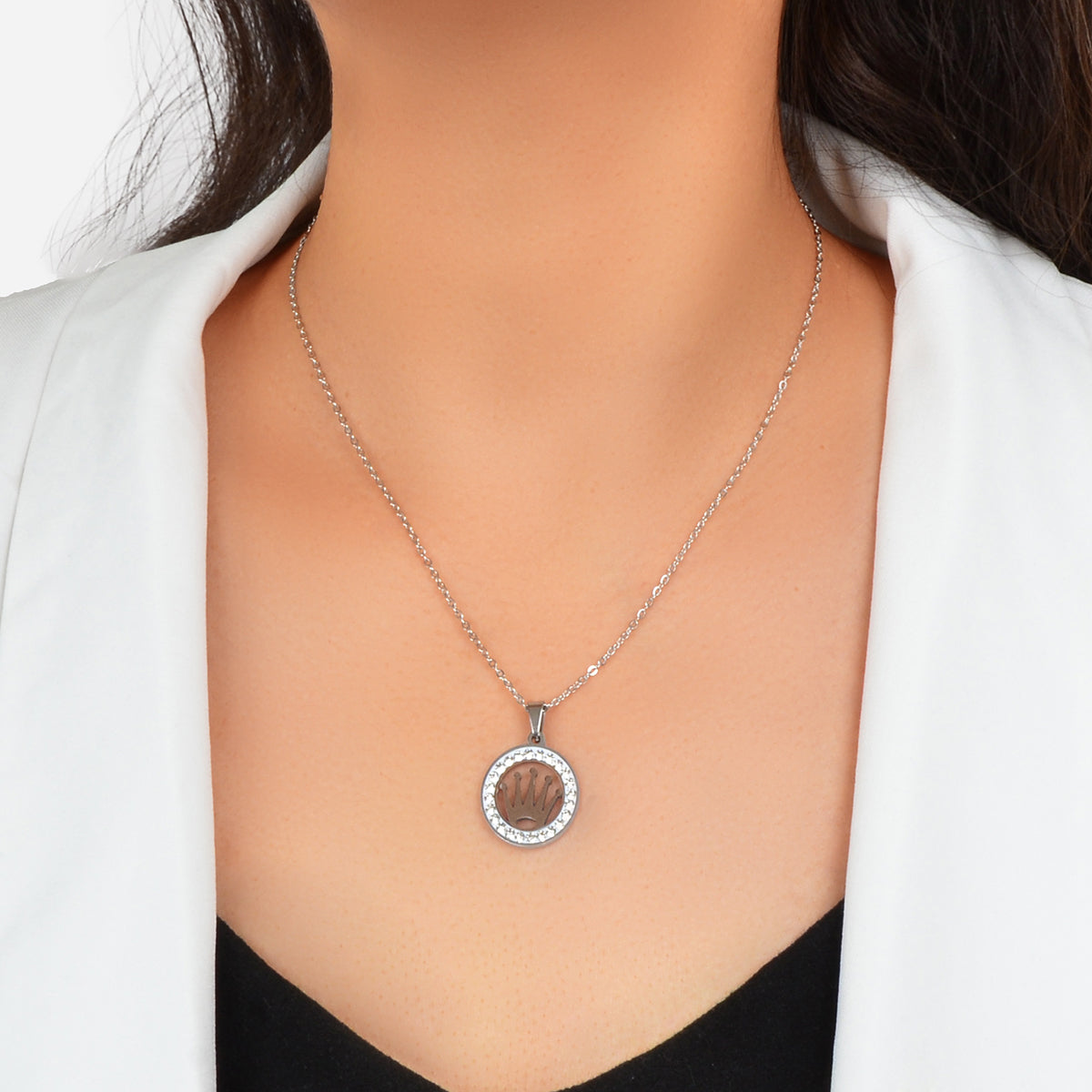 Engagement Jewellery Gift Full Rhinestone Silver Circle Crown Pendant Necklace
