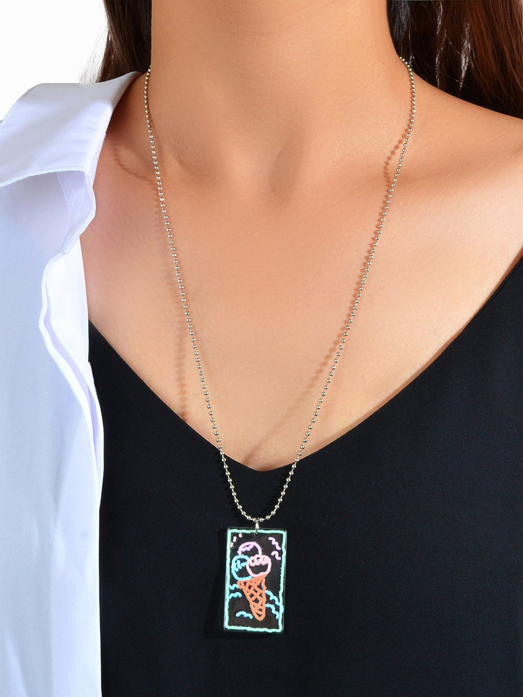 Long Silver Chain Resin Ice Cream Square Charm Necklace Best Friends Funny Gift