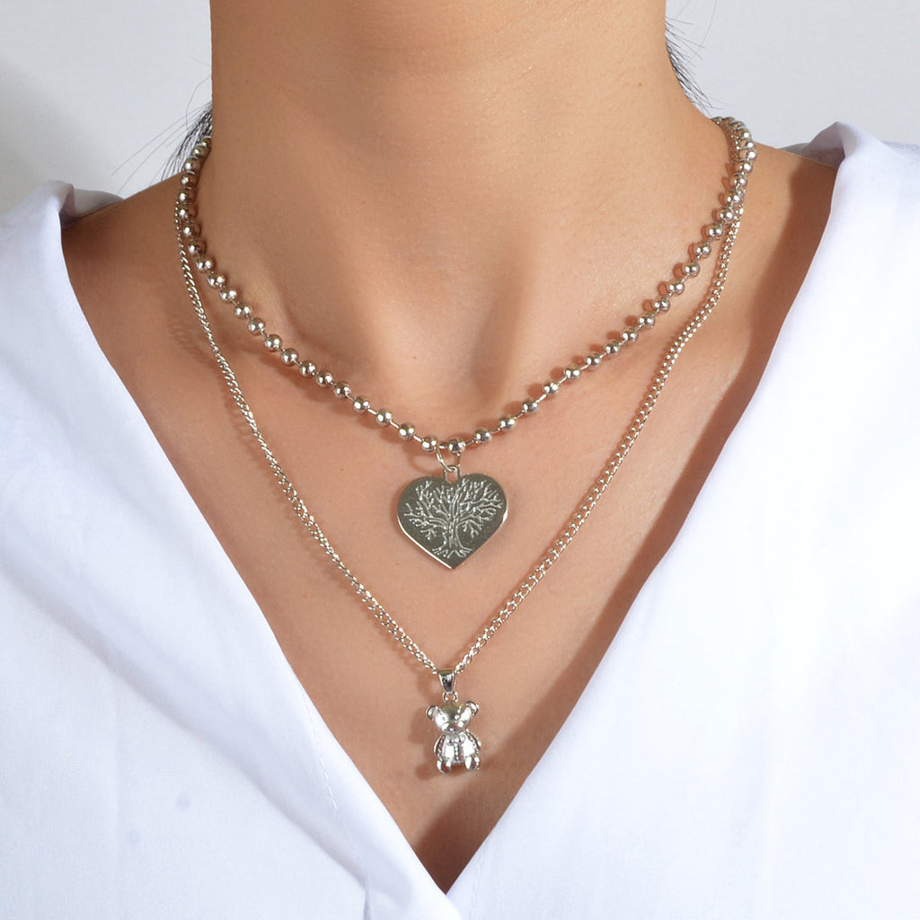 Statement Jewellery Popcorn Double layer Silver Chain Heart Bear Charm Necklace