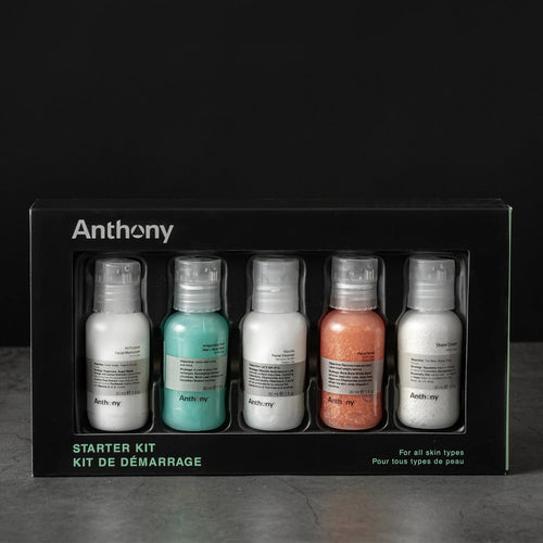 Anthony starter kit box set with five skincare bottles in clear tray