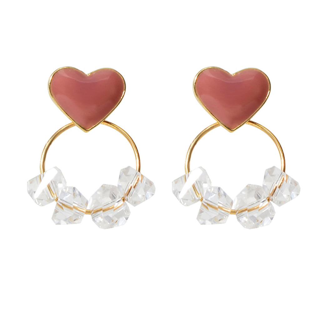 Trendy Ladies Jewellery Transparent Beads Gold Circle Red Heart Stud Earrings