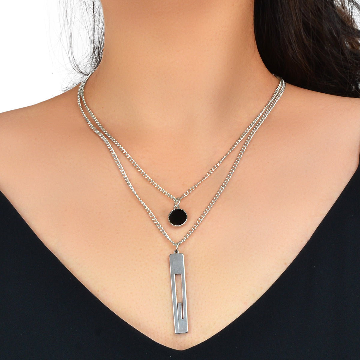 2pcs Silver Chain Punk Black Round Charm Stainless Steel Square Pendant Necklace