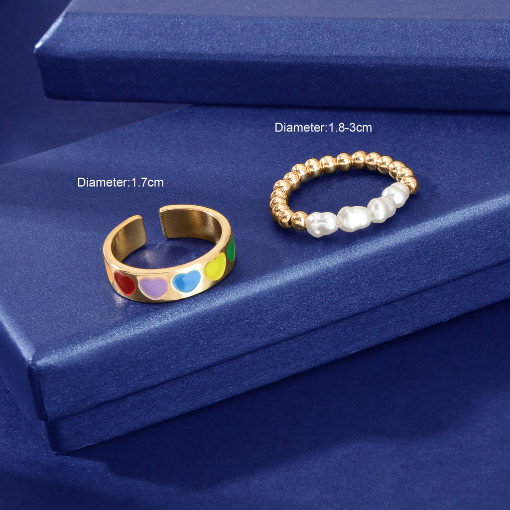 Elastic heart finger rings set, multicolor enamel band and white pearl bead ring