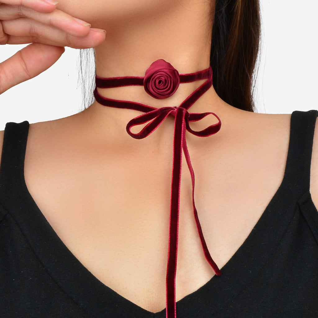 Retro Evening Party Accessories Adjustable Winered Velvet Rose Choker Necklace