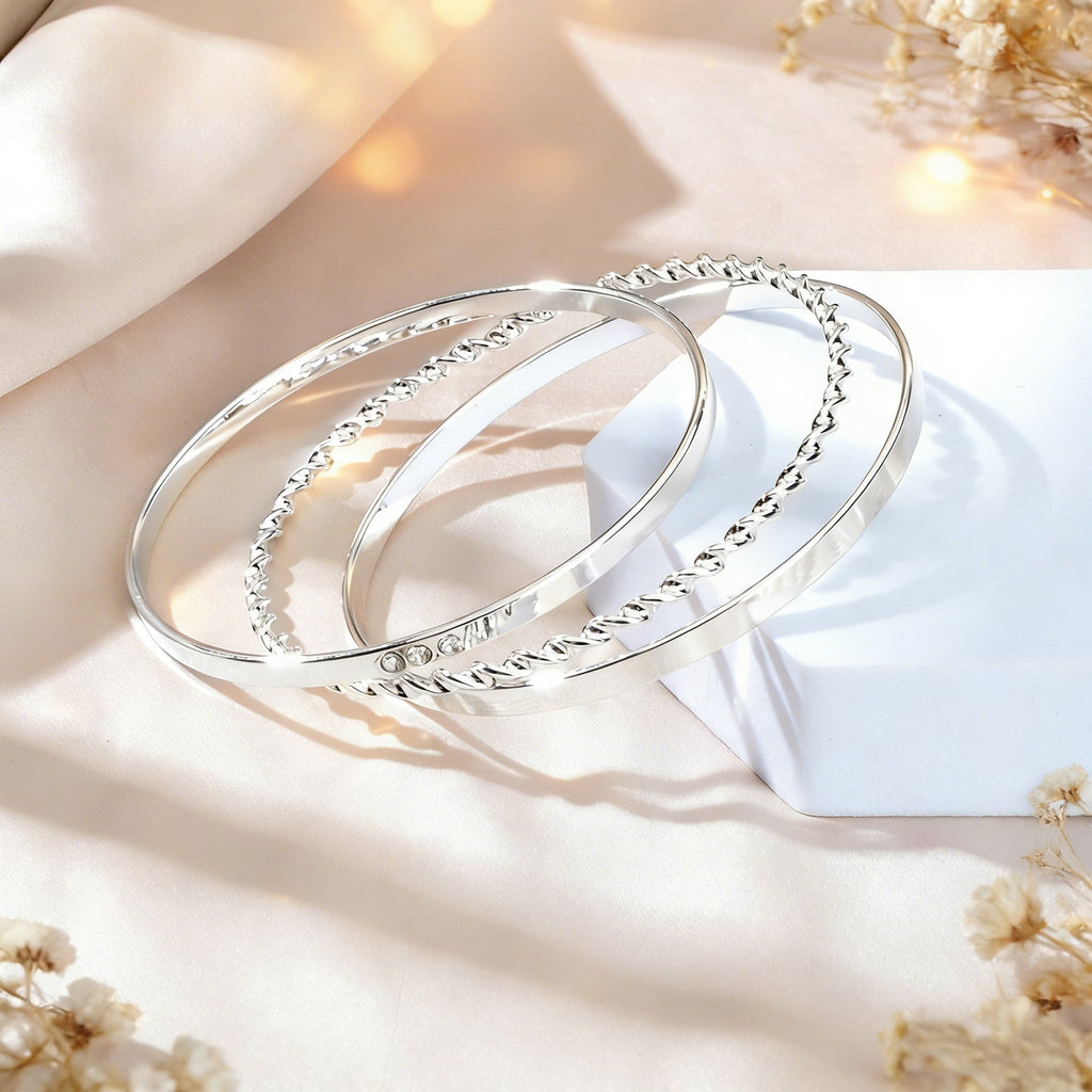 3 pcs Ladies Jewellery Rhinestone Silver Multiple Stackable Bangles Bracelet set