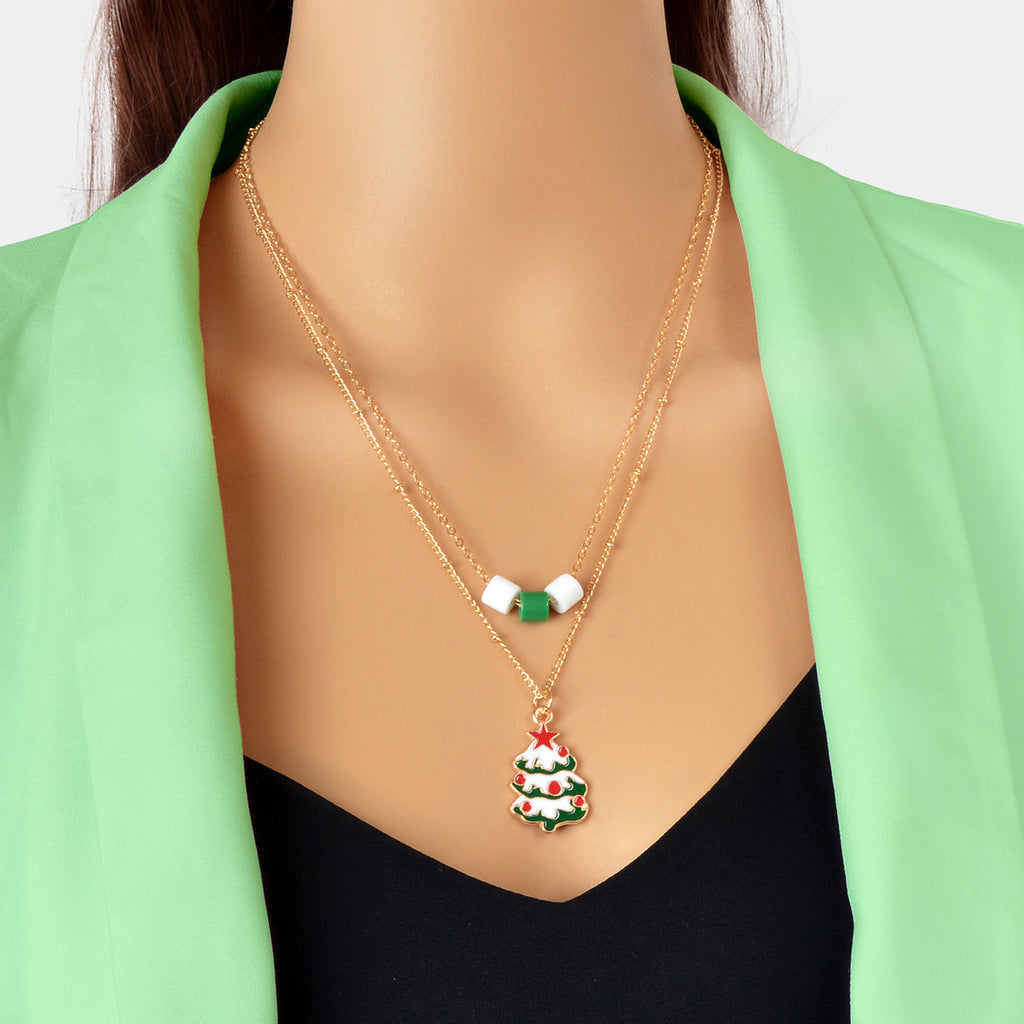 Festival Party Jewellery Gift Gold Layered Chain Christmas Tree Pendant Necklace