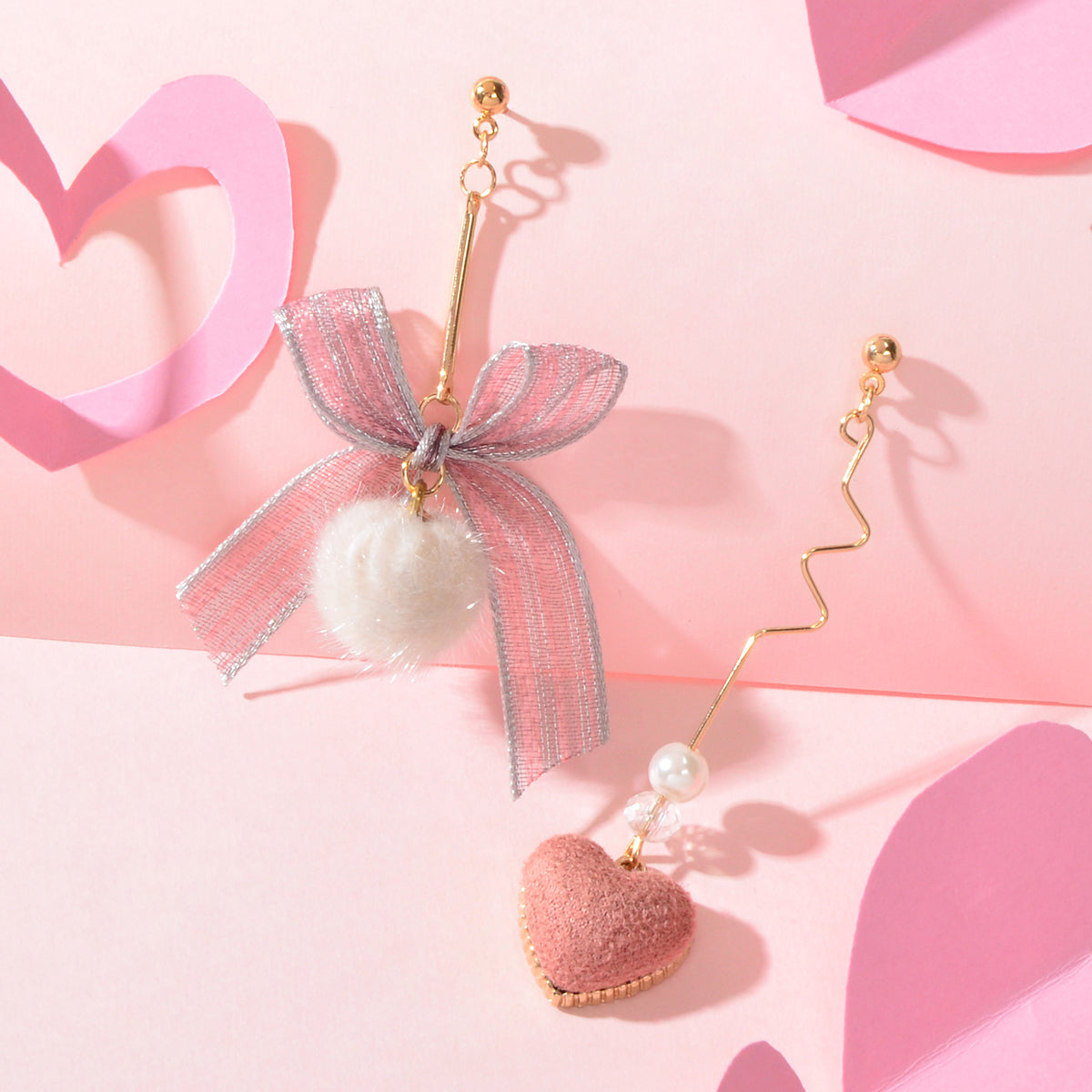 Valentine's Day Gift Bow Tie Pink Heart White Pom Pom Ball Asymmetrical Earrings