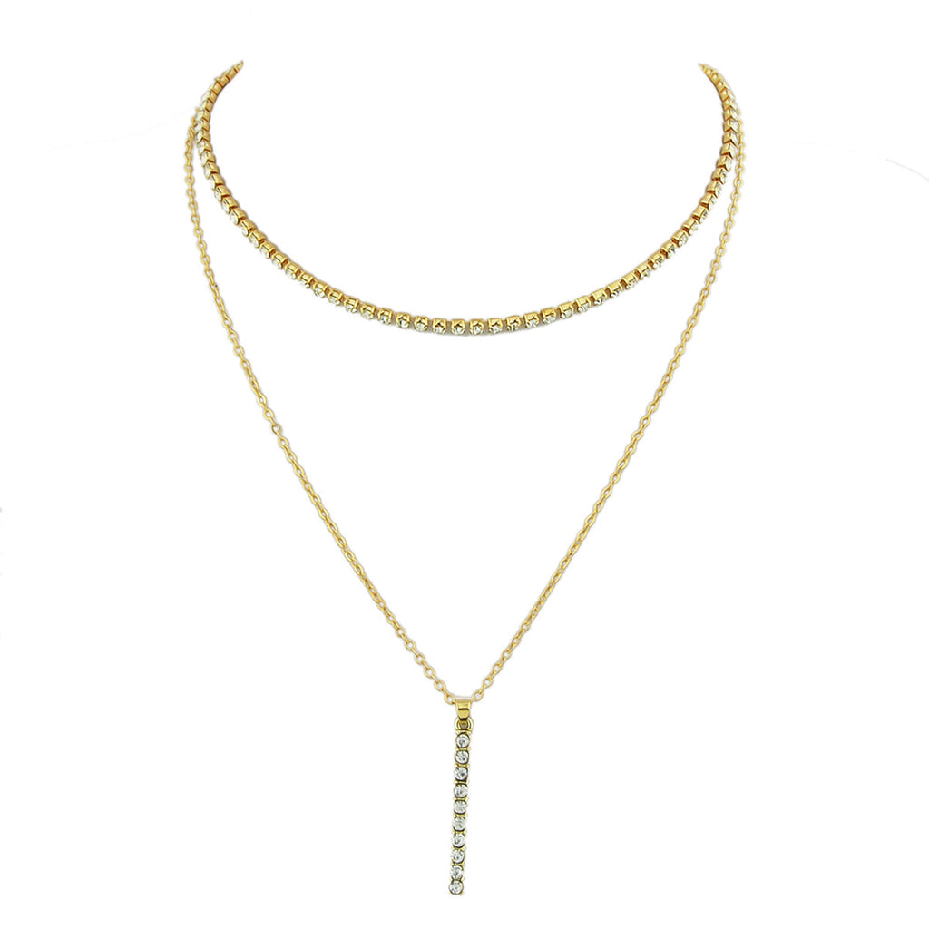 Trendy Shining Full Rhinestone Gold Silver Double layer Chain Bar Charm Necklace