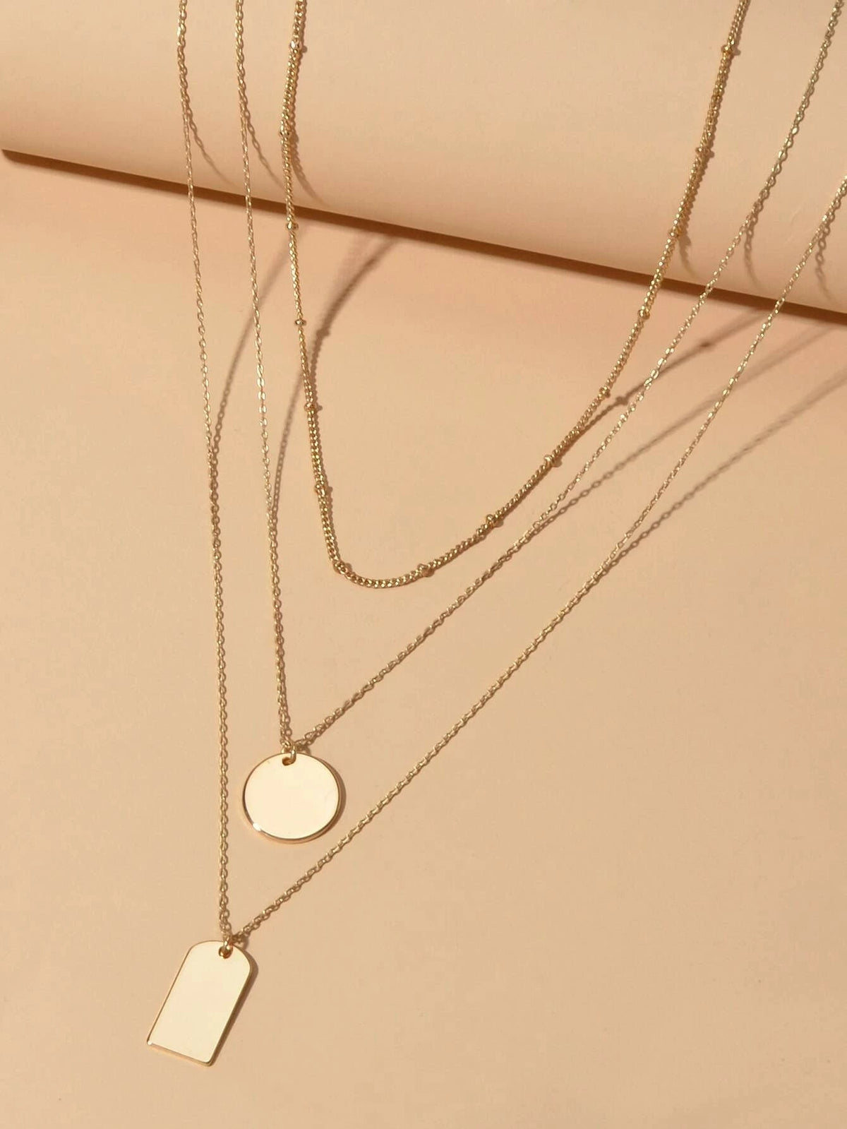3pcs Multi-layer Gold Tone Chain Round Square Pendant Necklace Girls Teens Gift