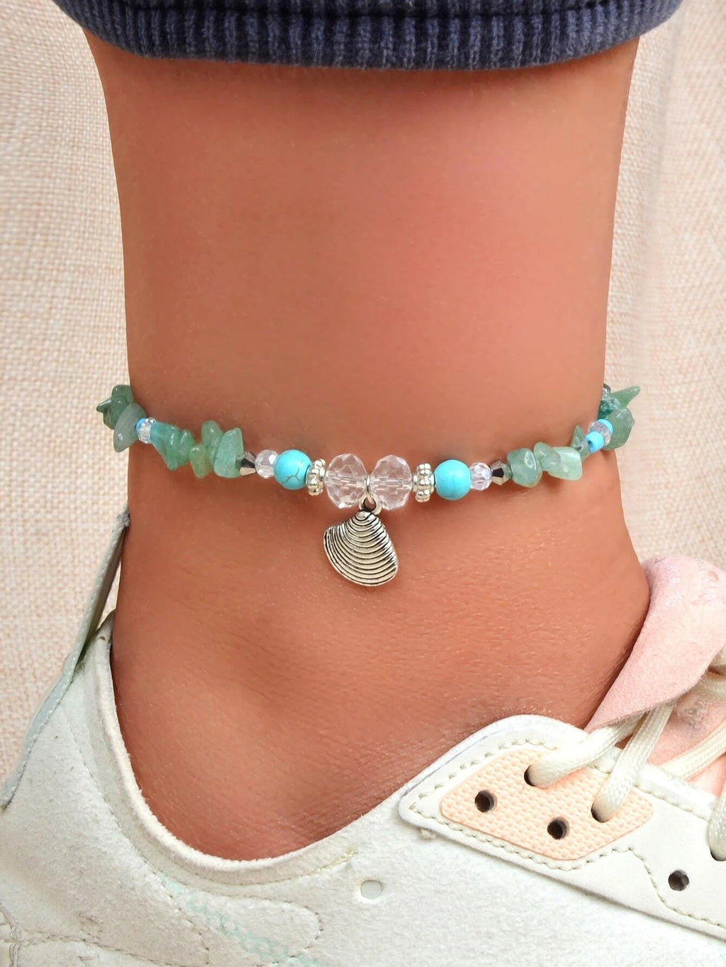 Handmade Green Stone Shell Anklet 1pc Barefoot Sandals Ankle Foot Beach Jewelry
