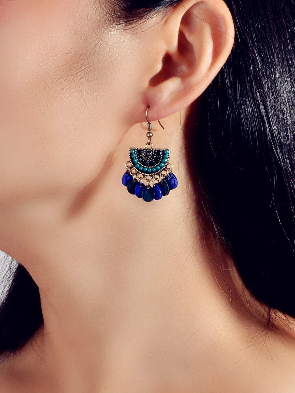 Boho Jewellery Blue Beads Sectored Water Drop Earrings Ethnic Women Accessories